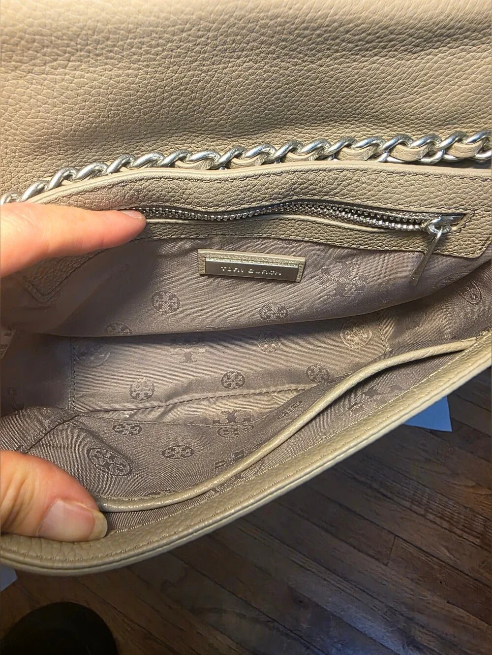 Tory Burch Taupe Pebbled Leather Flap Crossbody Shoulder Bag Silver Chain